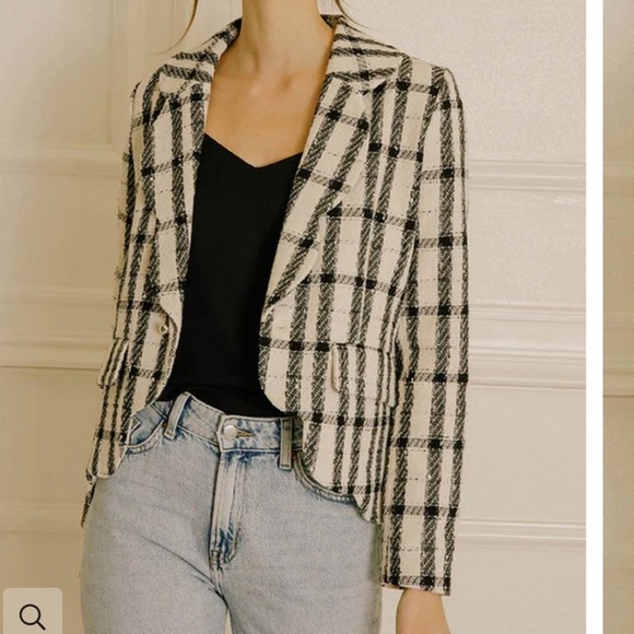 Vestique Becca Plaid Cropped Blazer Black Cream Scalloped NWT Size Medium - Picture 9 of 12